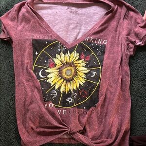 Women's Maroon Graphic Tee with Sunflower Design